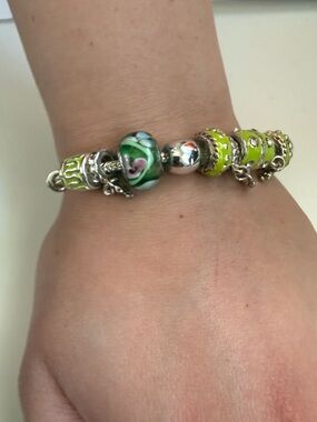 Vintage Pandora Silver Charm Bracelet with Lime Green and Teal Floral Beads